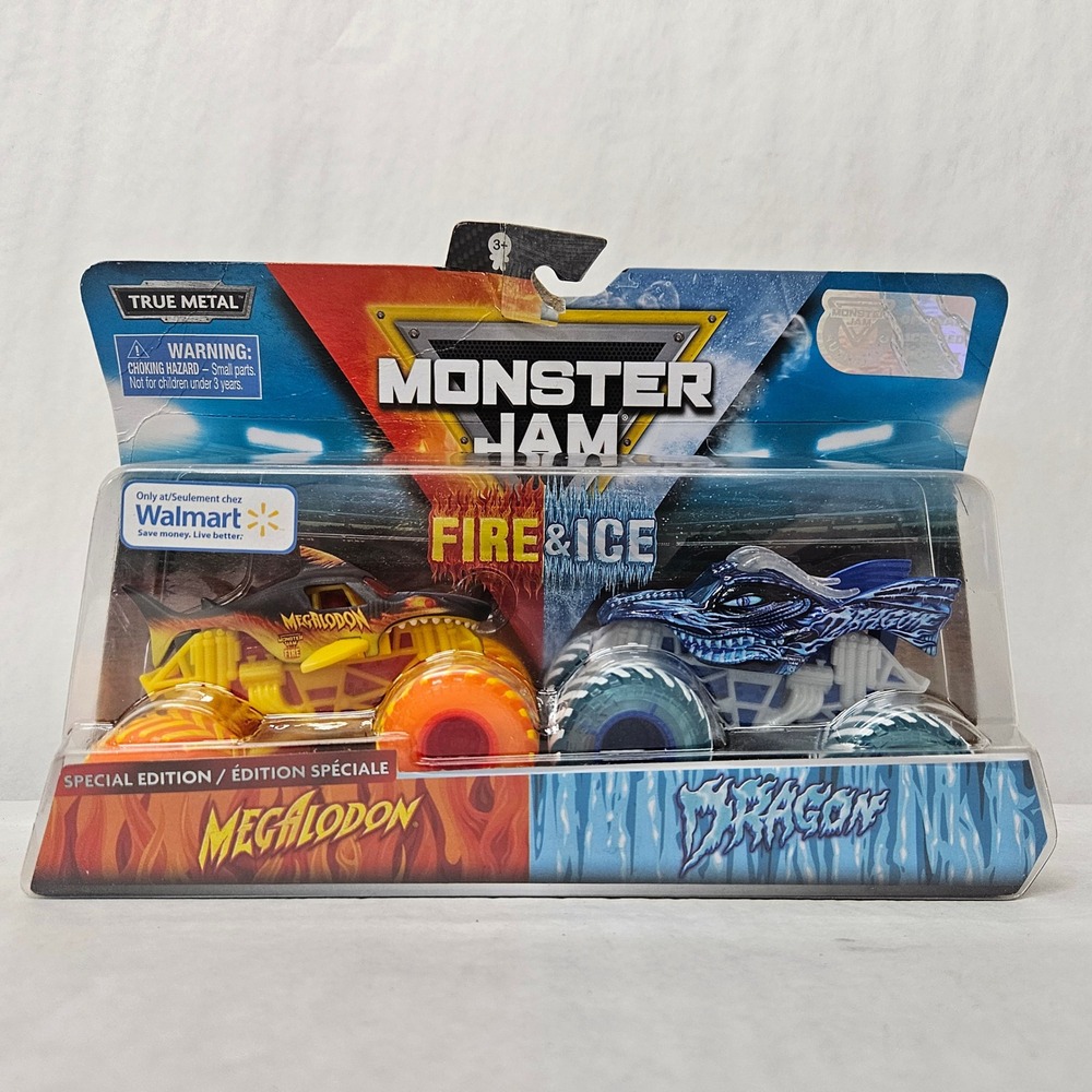 Monster Jam Fire & Ice Megalodon and Dragon 1:64 Die-Cast 2-Pack Damaged Box‎